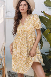 Floral Short Sleeve Surplice Frilly Tiered Mini Dress OutfitFlow